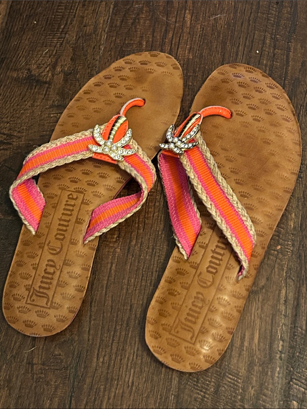 Juicy Couture Pink and Orange Striped Rhinestone-Embellished Sandals